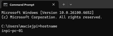 Przykład wykonania polecenia hostname w Command Prompt